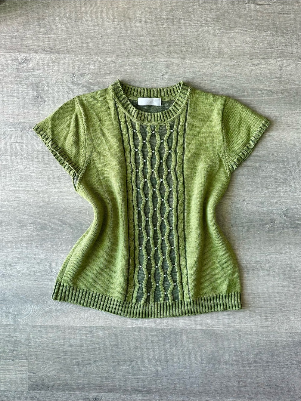 Japanese LB Green Short-Sleeve Wool Blend Knit Sweater with Cable and Pearl